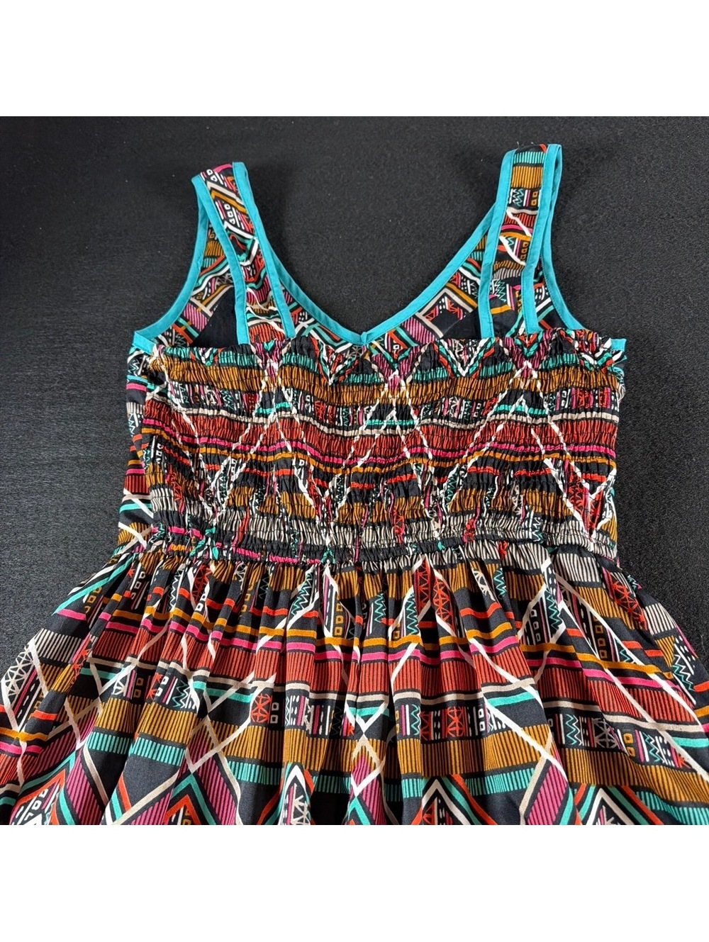 Band of Gypsies Dress Womens M Boho Tribal Geometric Smocked Fit Flare Colorfu - Picture 5 of 8